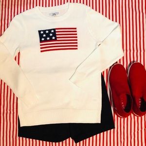LS, white,sweater with a red,white,& blue flag.